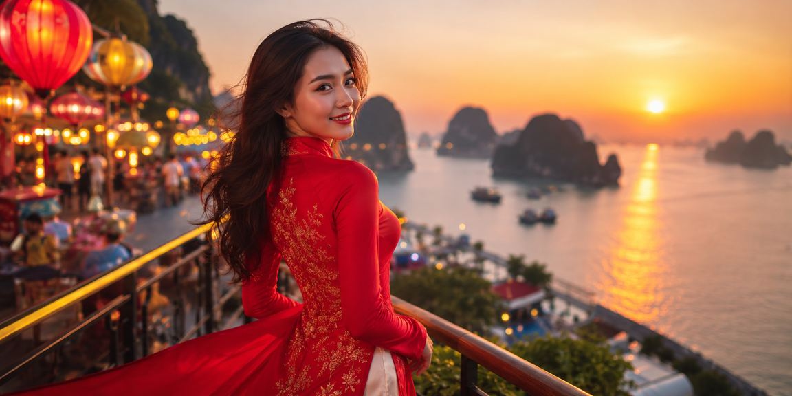 Người dùng dùng app casino tại vịnh Hạ Long trong trang phục áo dài truyền thống